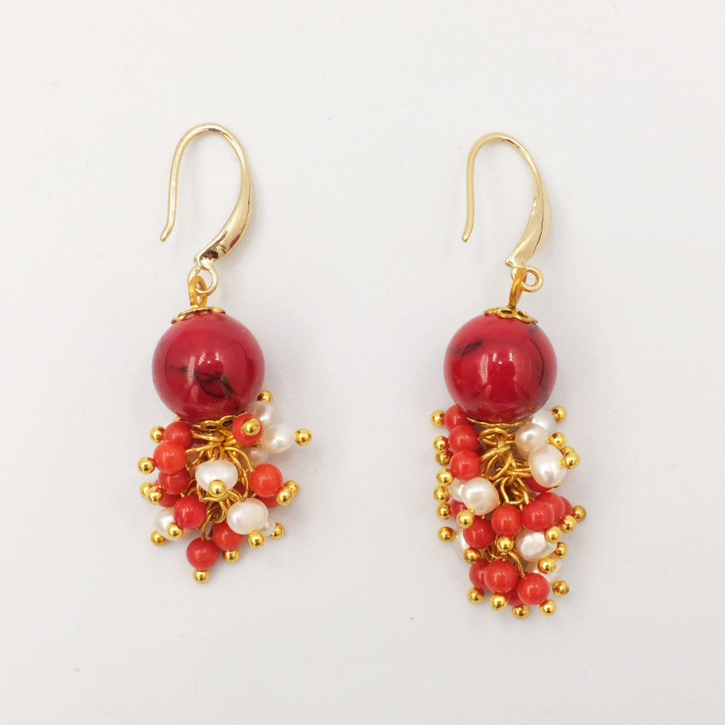 Coral dangling Earrings with cluster seed pearls and corals - Aniya Jewellery