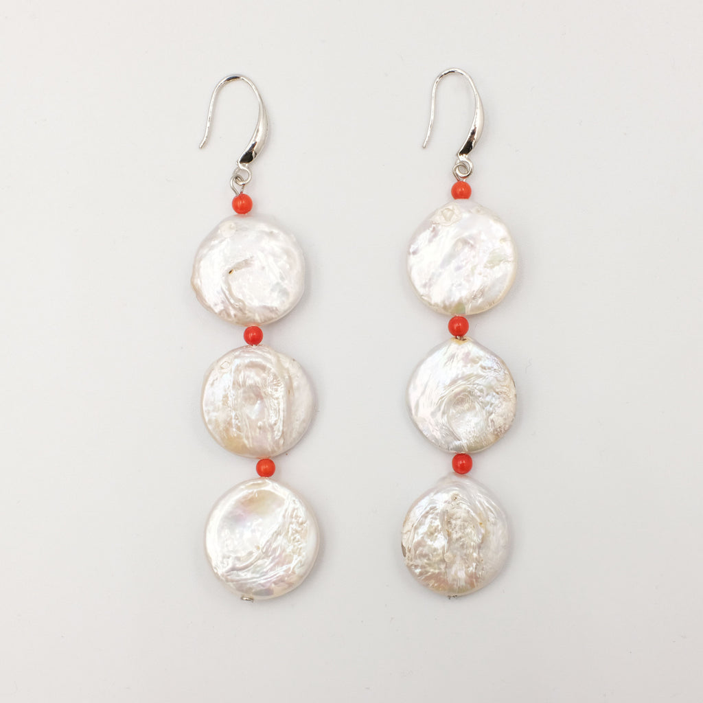 Coin Pearl Earrings with dainty coral Beads - Aniya Jewellery