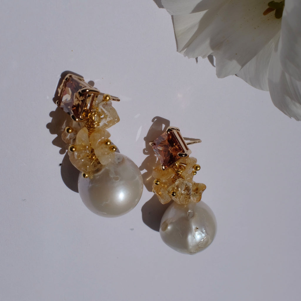 Hesperis, Baroque Pearl with Citrine Earrings