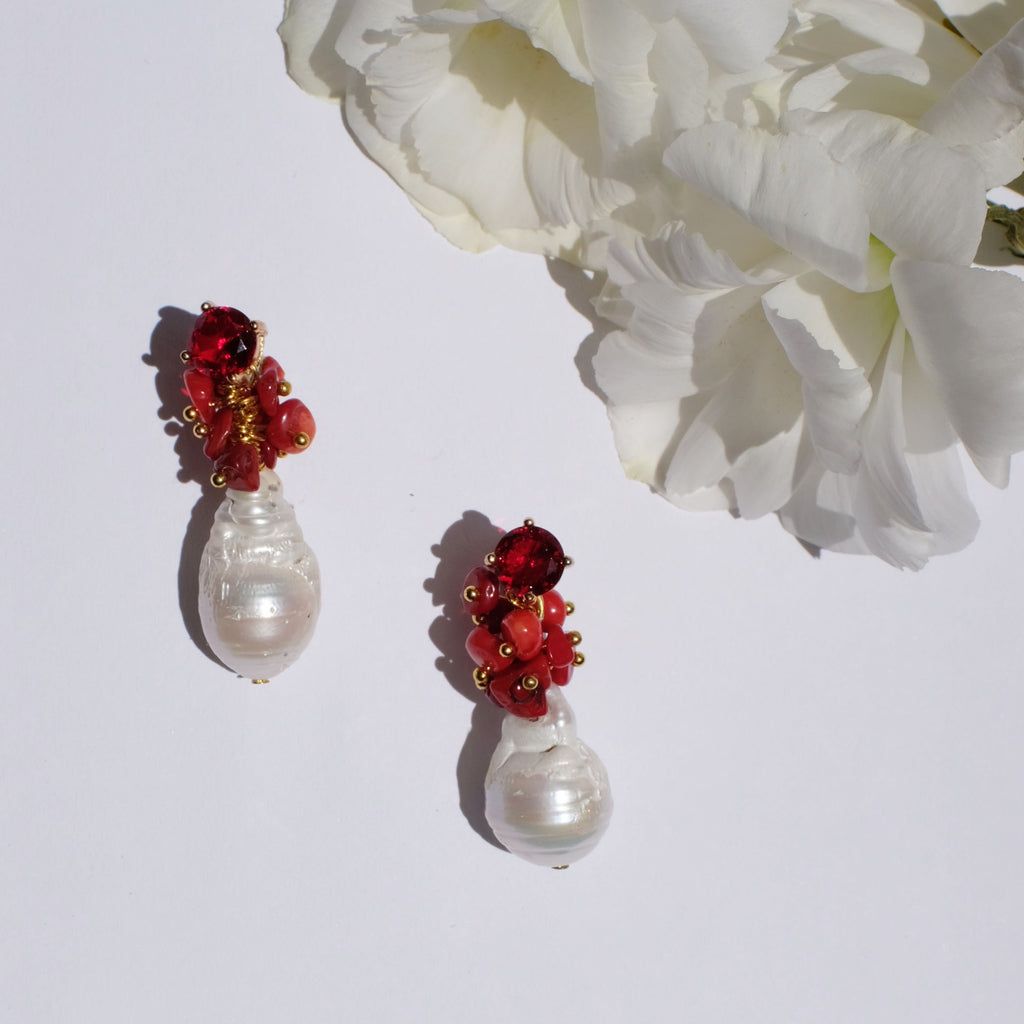 Hygeia, Corals and Baroque Pearl Earrings